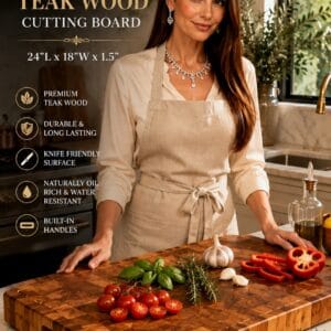 Teakhaus edge-grain teak cutting board measuring 24 by 18 inches with hand grips, styled on a kitchen counter with produce