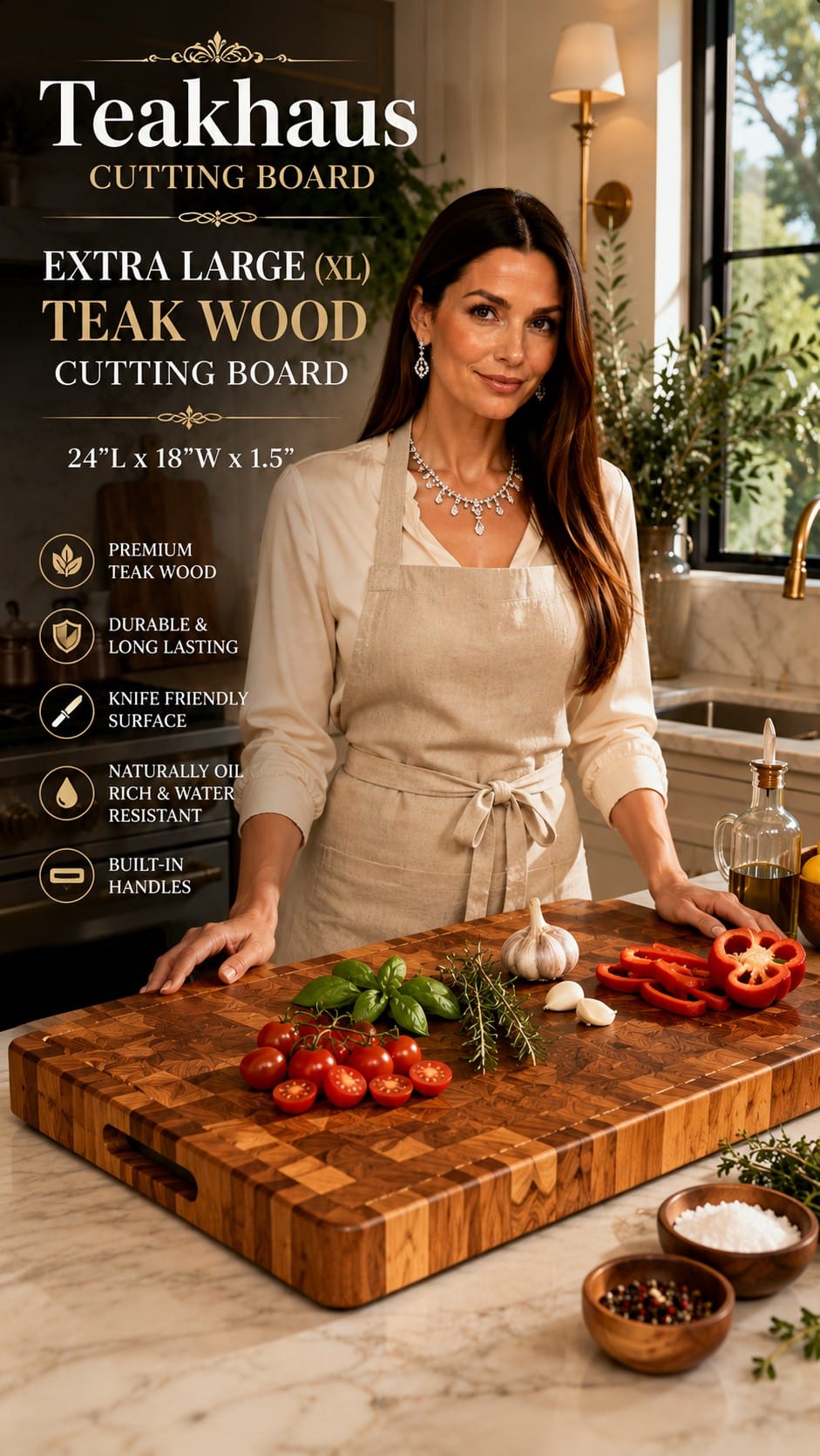 Teakhaus Professional Edge-Grain Teak Cutting Board 24x18 Teakhaus edge-grain teak cutting board measuring 24 by 18 inches with hand grips, styled on a kitchen counter with produce