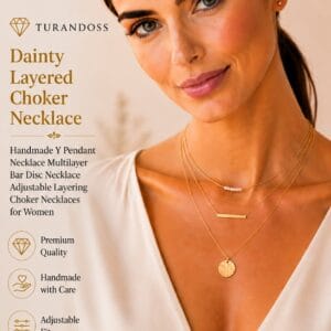 Turandoss dainty 14K gold plated layered necklace set with a bar and hammered disc pendant worn together