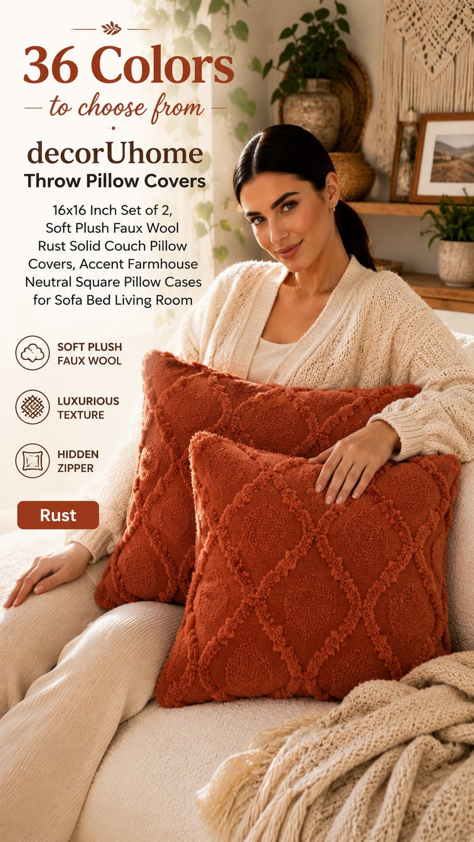 decorUhome Faux Wool Throw Pillow Covers, 16x16 decorUhome set of 2 soft plush faux wool throw pillow covers on a couch