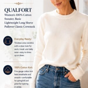 QUALFORT women's 100% cotton lightweight long sleeve pullover sweater with ribbed trims