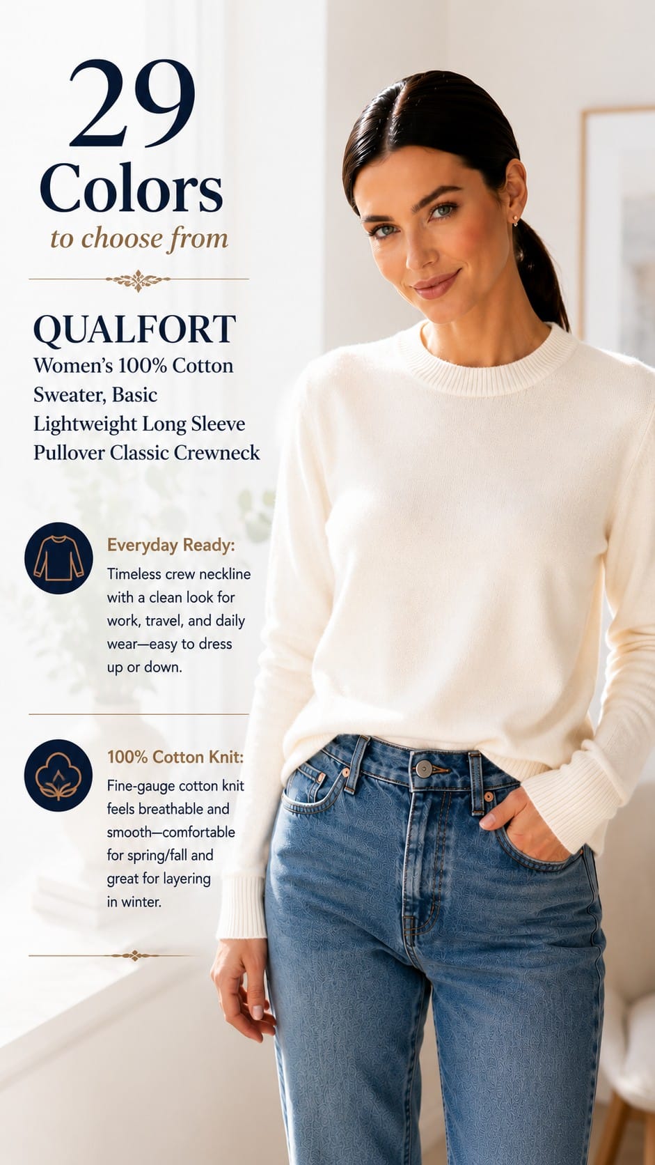 QUALFORT Women's 100% Cotton Basic Lightweight Pullover QUALFORT women's 100% cotton lightweight long sleeve pullover sweater with ribbed trims