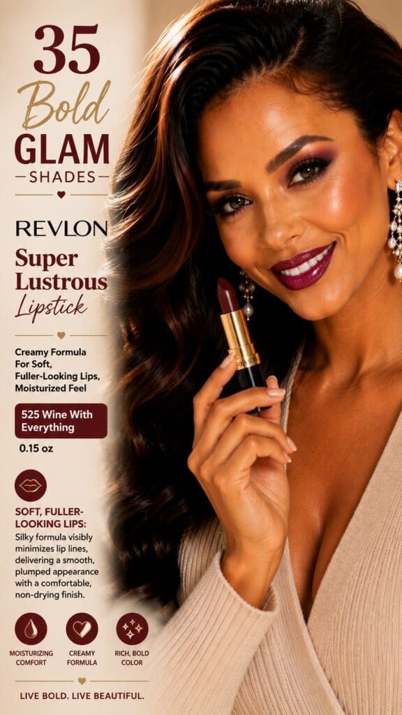 Revlon Super Lustrous 525: The Creamy Wine That's Been Iconic for Decades Revlon Super Lustrous 525 Wine With Everything creamy wine lipstick bullet and swatch — Revlon Super Lustrous 525