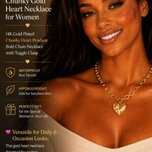Robaice chunky gold heart pendant necklace with a bold chain and toggle clasp for women
