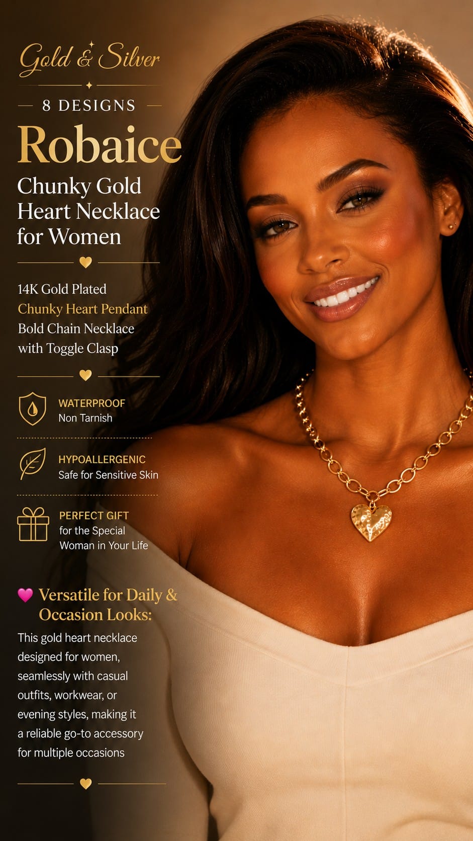 Chunky Gold Heart Necklace with Toggle Clasp Robaice chunky gold heart pendant necklace with a bold chain and toggle clasp for women