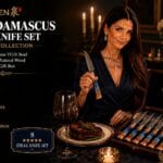 The SENKEN Tsunami Steak Set: Damascus at the Dinner Table, Done Sensibly SENKEN Tsunami 8-piece Damascus steak knife set in its gift box β SENKEN Tsunami steak knife set