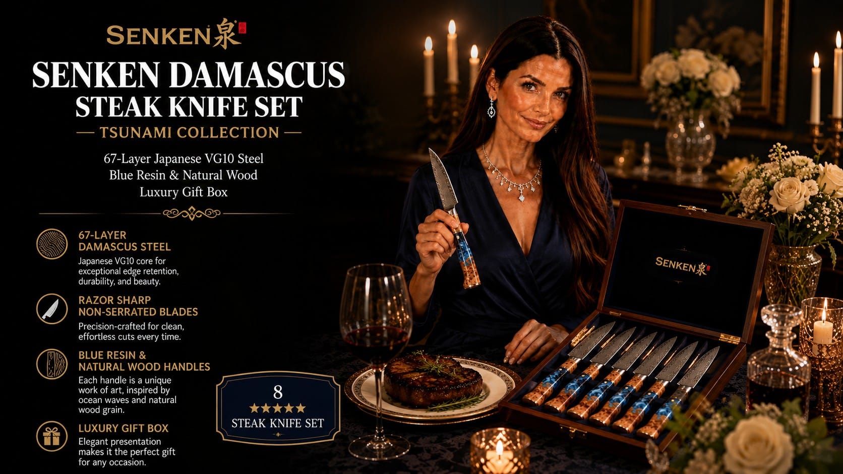 SENKEN Tsunami 8-piece Damascus steak knife set in its gift box — SENKEN Tsunami steak knife set