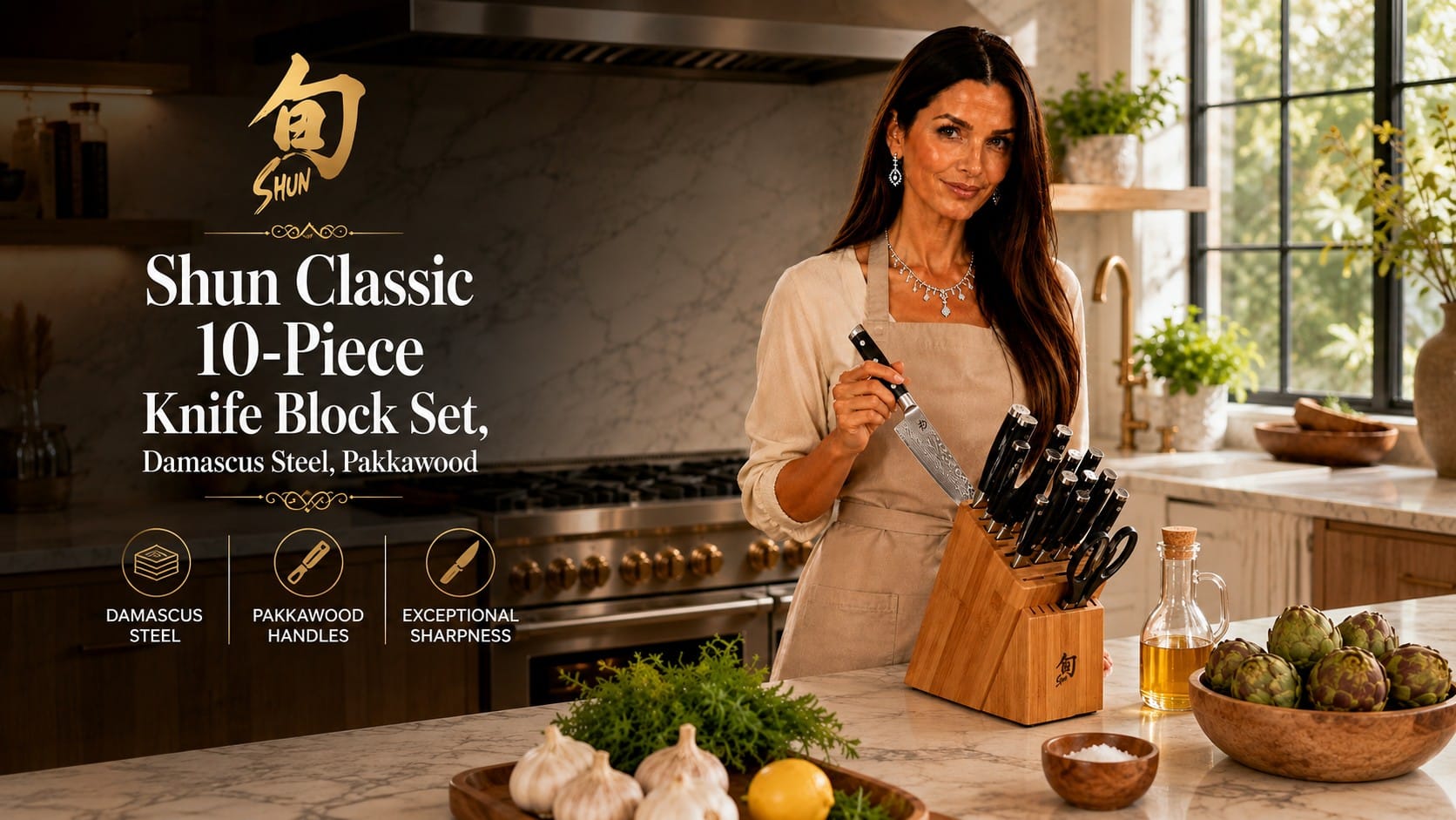 Shun Classic 10-piece Damascus knife block set on a kitchen counter — Shun Classic knife block set