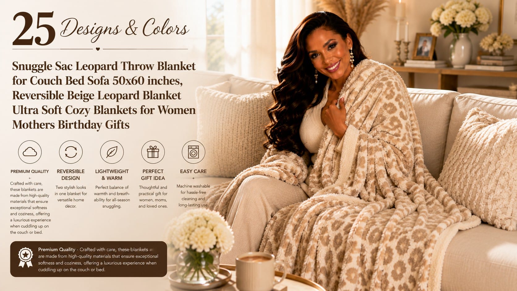 Snuggle Sac beige leopard reversible throw blanket draped on a glam couch — Snuggle Sac leopard throw