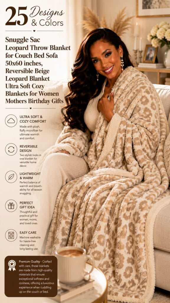 Snuggle Sac beige leopard reversible throw blanket draped on a glam couch — Snuggle Sac leopard throw