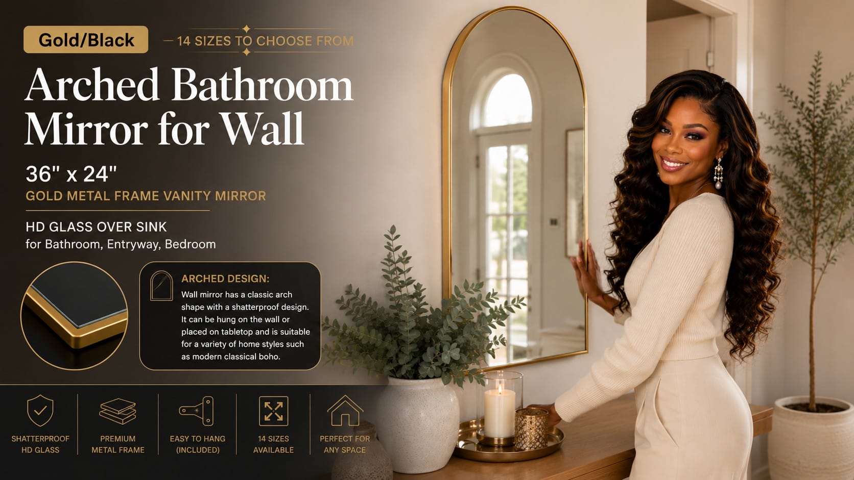 The Arched Gold Mirror Review: The $25 Upgrade That Looks Like a Renovation Arched gold metal frame bathroom vanity mirror, 36 by 24 inches, mounted above a bathroom sink