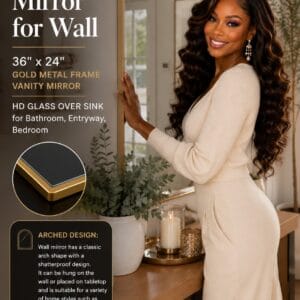 Arched gold metal frame bathroom vanity mirror mounted above a sink Image focus keyword: arched gold bathroom mirror