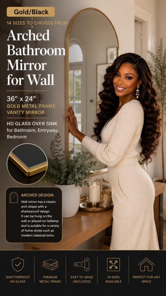 The Arched Gold Mirror Review: The $25 Upgrade That Looks Like a Renovation Arched gold metal frame bathroom vanity mirror mounted above a sink Image focus keyword: arched gold bathroom mirror