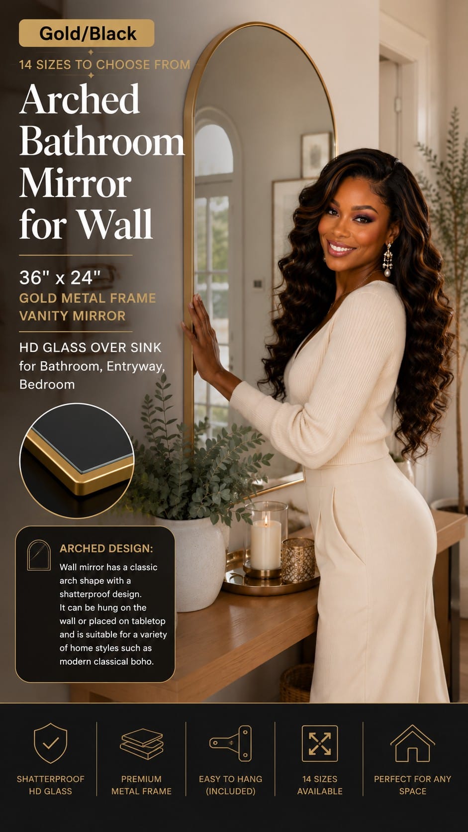 Arched Gold Bathroom Mirror, 36 x 24 Inches Arched gold metal frame bathroom vanity mirror mounted above a sink Image focus keyword: arched gold bathroom mirror