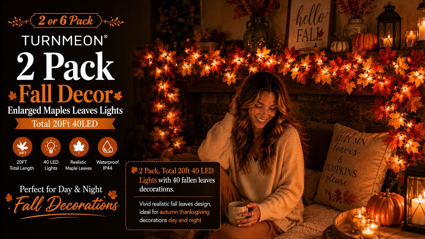 A cozy fall home glowing with black farmhouse lanterns, maple-leaf string lights and a distressed white candle lantern among pumpkins and greenery