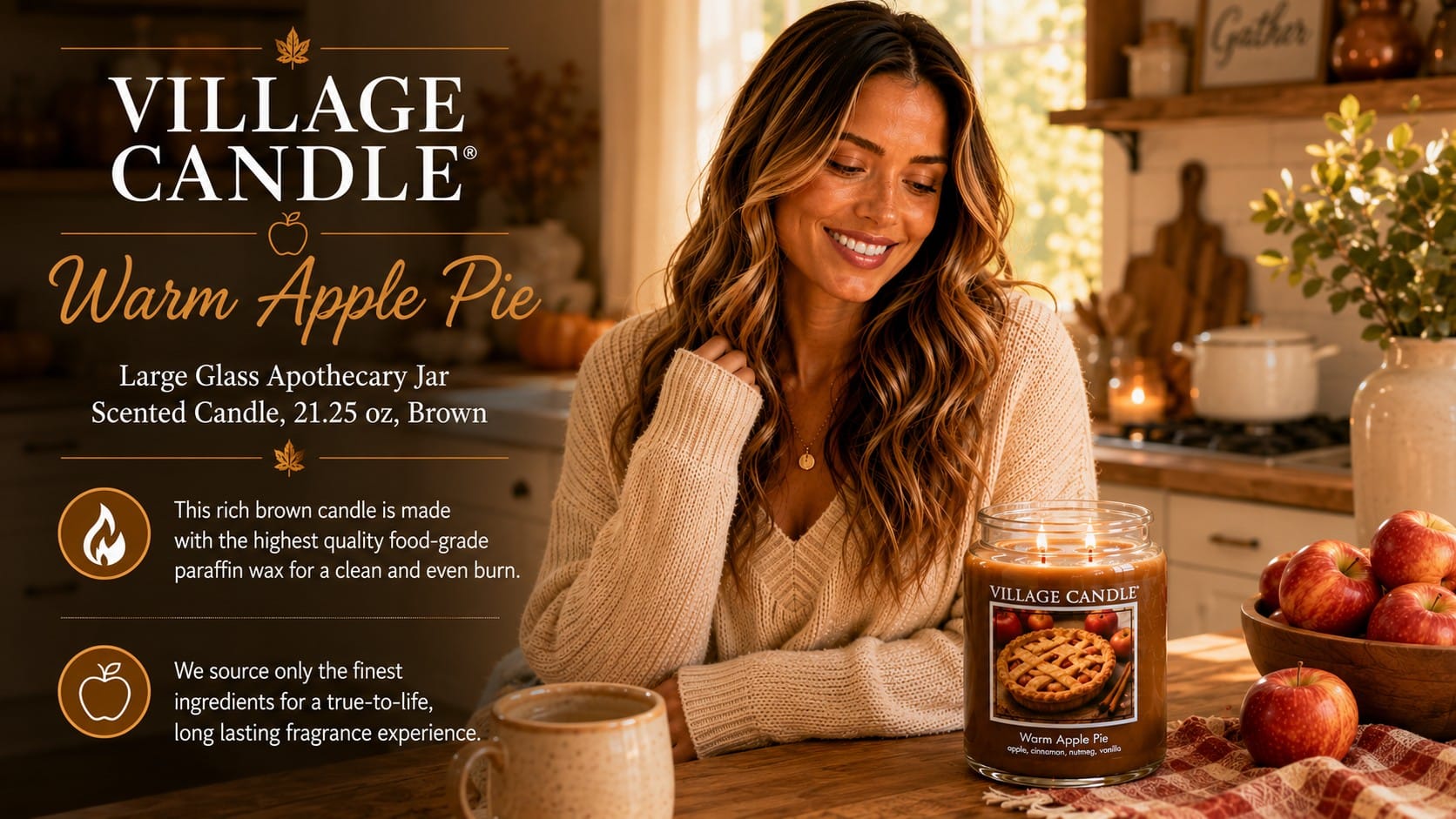 Village Candle Warm Apple Pie apothecary jar candle in a cozy fall kitchen — warm apple pie candle