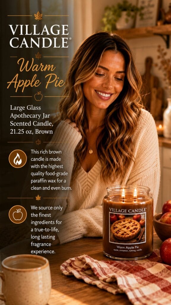 Village Candle Warm Apple Pie apothecary jar candle in a cozy fall kitchen — warm apple pie candle