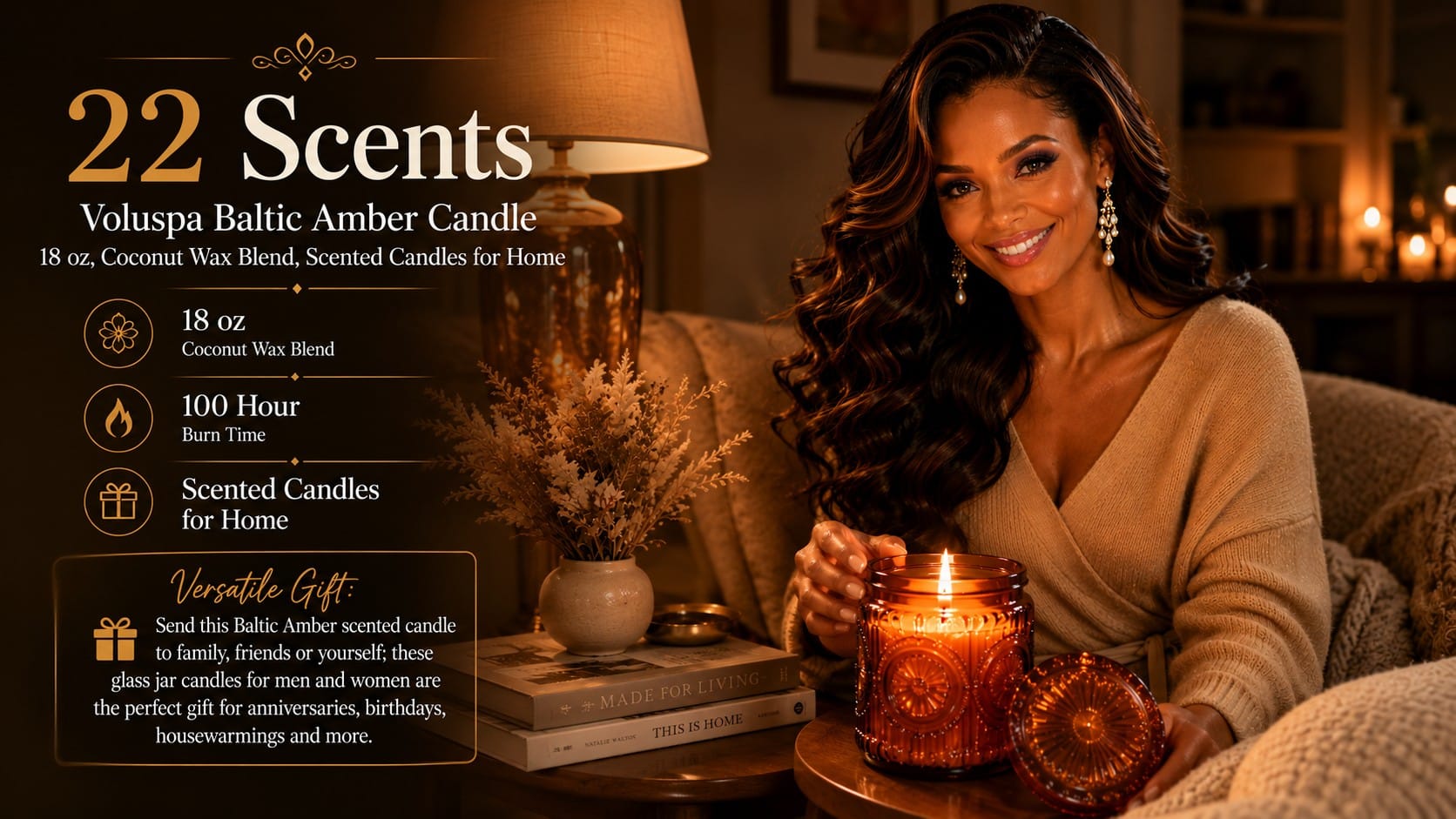 The Voluspa Baltic Amber Candle: The Grown-Up Glam Scent That Smells Like a 5-Star Hotel Voluspa Baltic Amber candle in its ornate embossed amber glass jar, lit and styled on a cozy side table with books