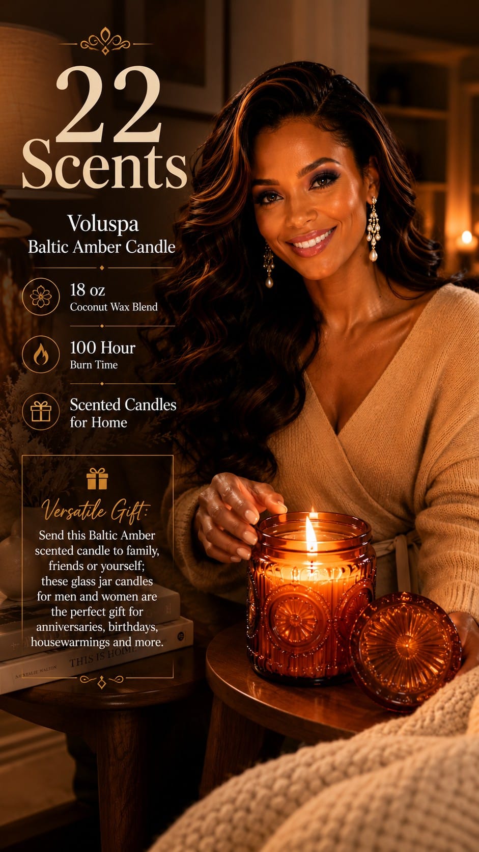 Voluspa Baltic Amber Scented Candle, 18 oz Large Jar Voluspa Baltic Amber 18 oz candle in an embossed glass jar with a metal lid, lit on a side table