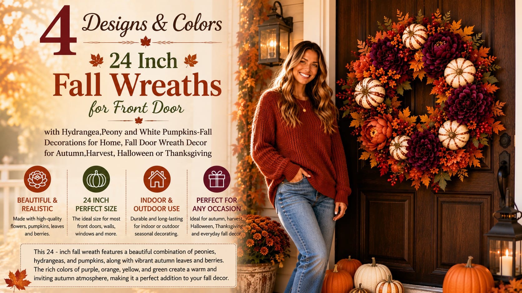 Trendy Wendy best fall wreaths — white pumpkin, orange daisy floral, and boho pampas grass on farmhouse front doors — best fall wreaths