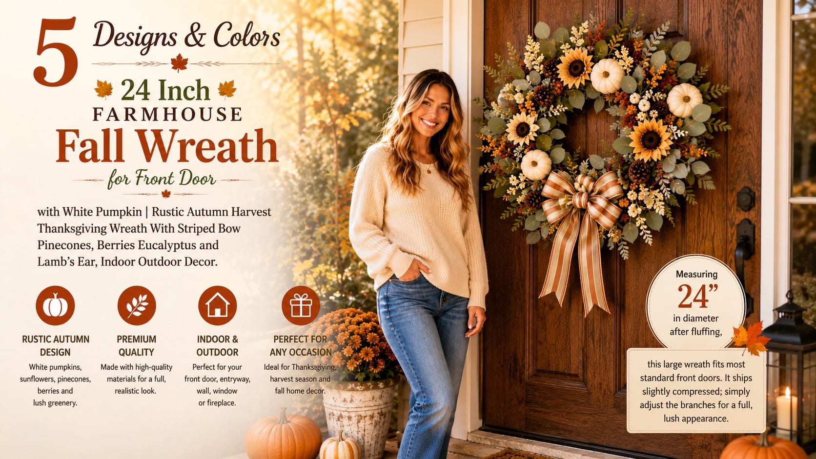 WANNA-CUL white pumpkin farmhouse fall wreath on a front door — white pumpkin fall wreath