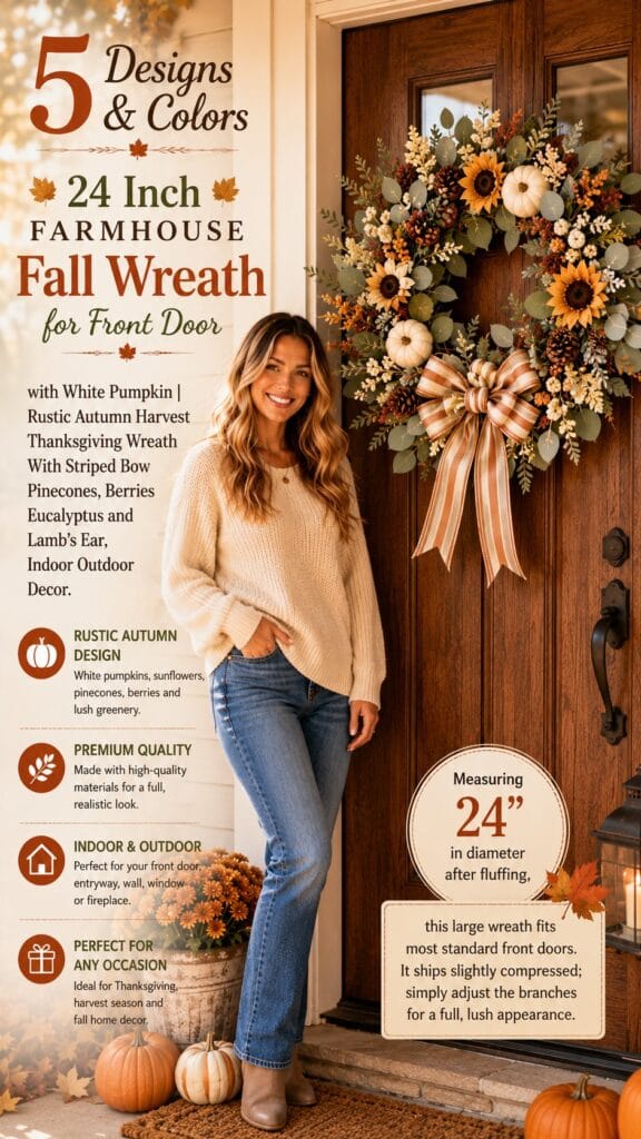 WANNA-CUL white pumpkin farmhouse fall wreath on a front door — white pumpkin fall wreath