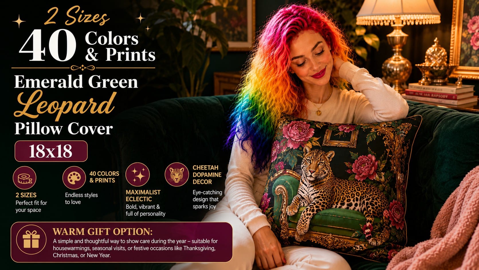 The WDSFHYJK Emerald Leopard Pillow Cover: A Jewel-Tone Animal-Print Flex WDSFHYJK emerald green leopard print pillow cover on a jewel-tone couch β emerald leopard pillow cover