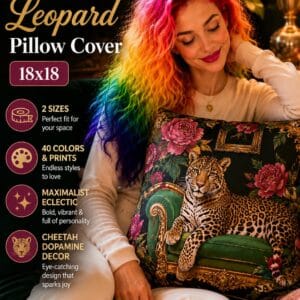 Emerald green leopard cheetah print throw pillow cover styled on a bed in a maximalist bedroom