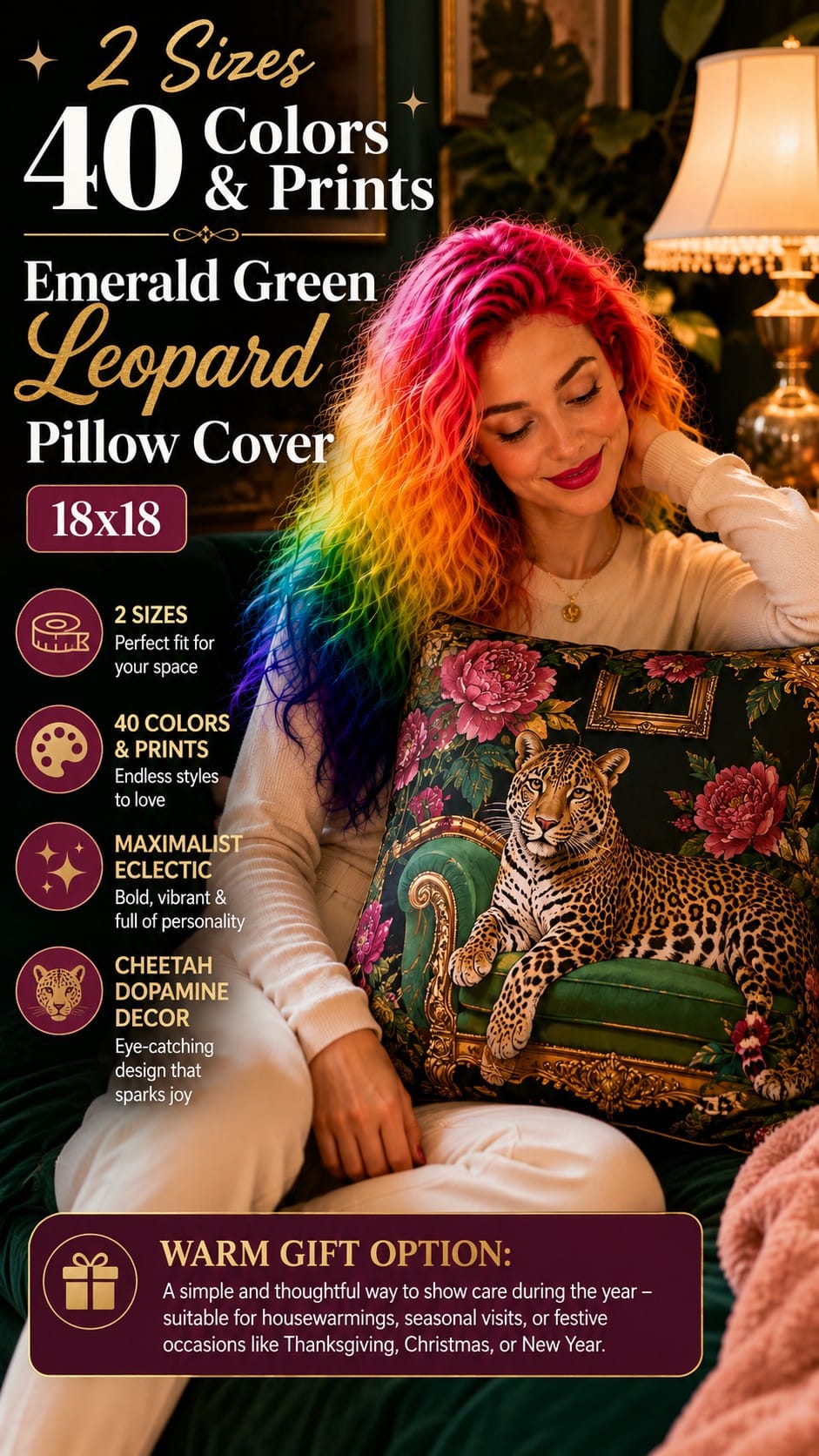 Emerald Green Leopard Throw Pillow Cover, 18x18 Emerald green leopard cheetah print throw pillow cover styled on a bed in a maximalist bedroom