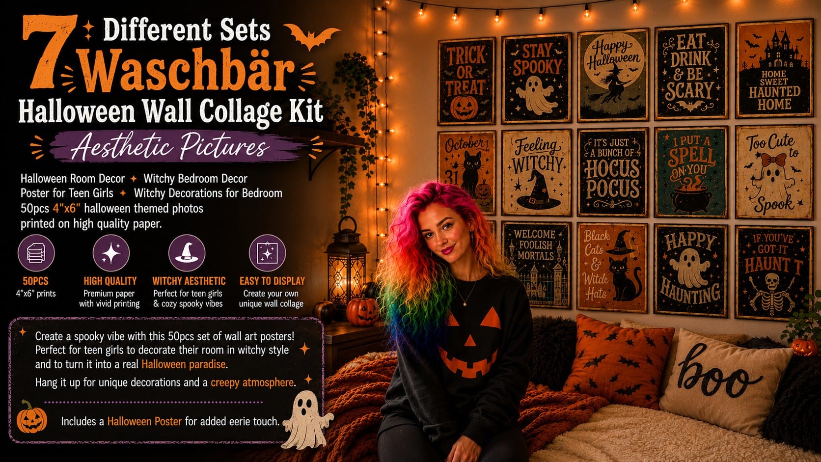 A Halloween bedroom wall layering a glowing neon sign, a witchy print collage, and a swarm of 3D bats