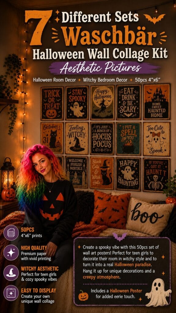The Waschbär Halloween Collage Kit: 50 Pieces, One Perfectly-You Wall for $10 Waschbär Halloween wall collage kit arranged as a witchy gallery wall of 50 vintage spooky prints above a cozy bed