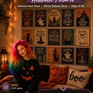 Halloween wall collage kit with 50 witchy and gothic aesthetic prints arranged on a bedroom wall