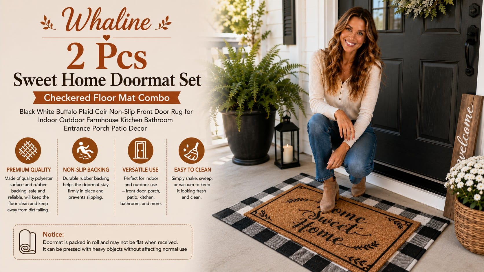 Whaline Home Sweet Home coir doormat layered on a black and white buffalo plaid rug on a farmhouse porch