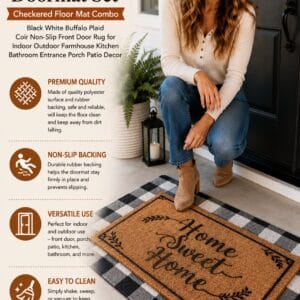 Whaline Sweet Home doormat layered over a black and white buffalo plaid rug on a farmhouse porch
