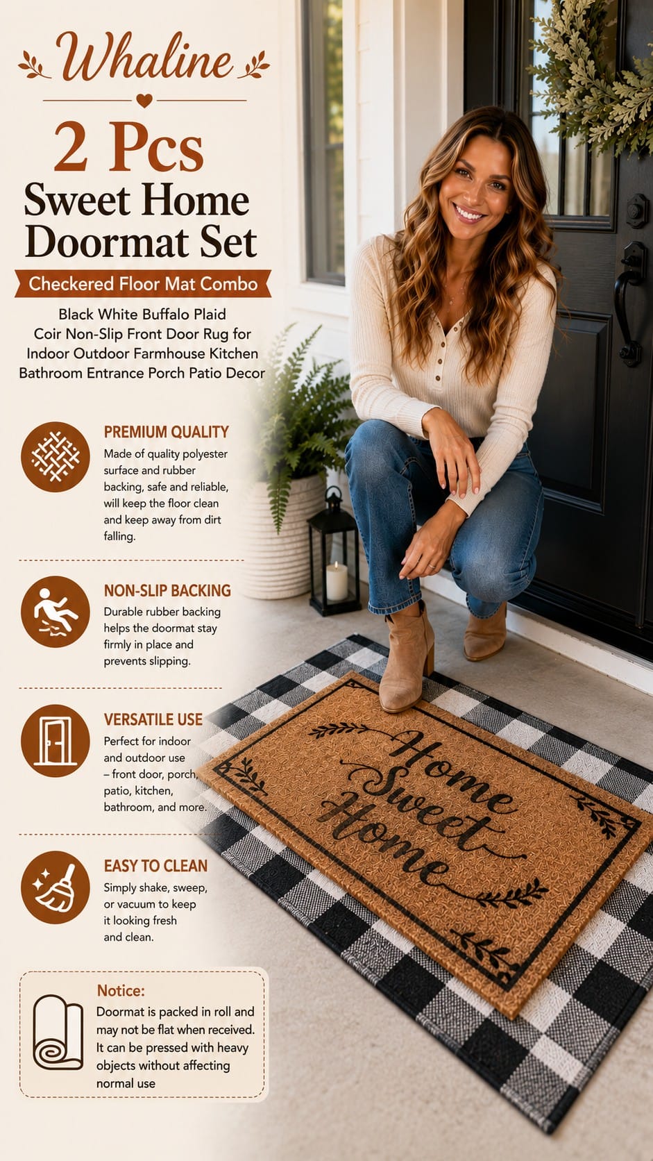 Whaline Sweet Home 2-Piece Layered Doormat Set Whaline Sweet Home doormat layered over a black and white buffalo plaid rug on a farmhouse porch