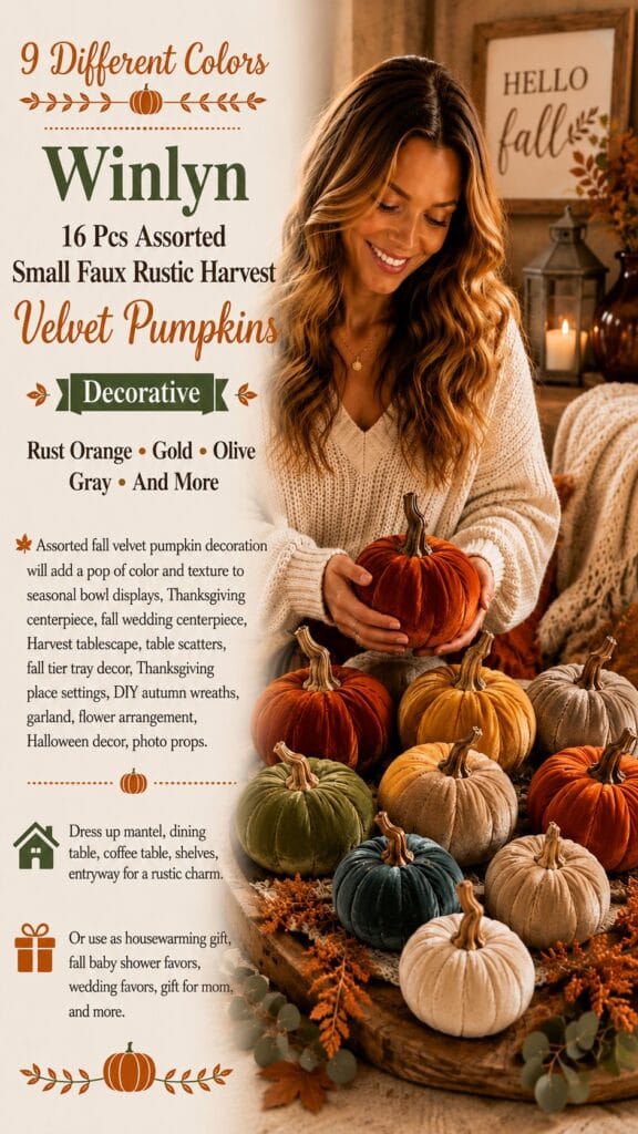 The Winlyn Velvet Pumpkins: The $19 Set That Makes Your Whole Fall Look Expensive Winlyn assorted velvet pumpkins in rust, gold, olive, gray and cream arranged on a rustic wood tray for fall