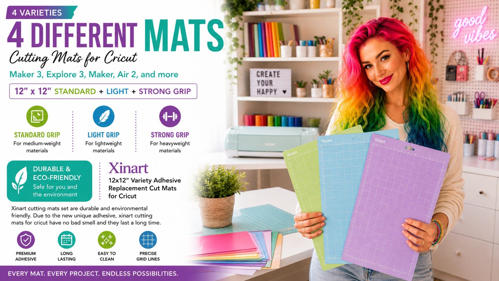 Xinart Cutting Mats Review: Which Cricut Mat Actually Does What Xinart 12 by 12 inch Cricut cutting mats in light grip blue, standard grip green and strong grip purple