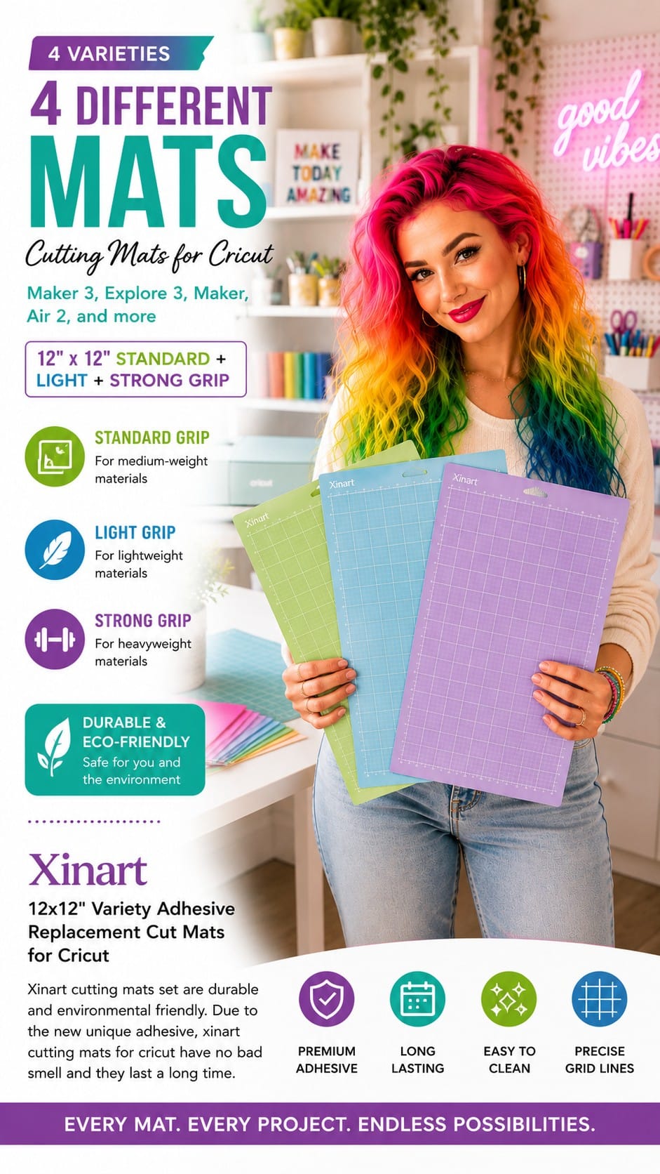 Xinart Variety Cutting Mats for Cricut, 12x12 3-Pack Xinart 12x12 variety cutting mats for Cricut in light, standard, and strong grip