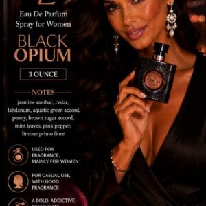 YSL Black Opium eau de parfum for women in its sparkling black bottle on a vanity