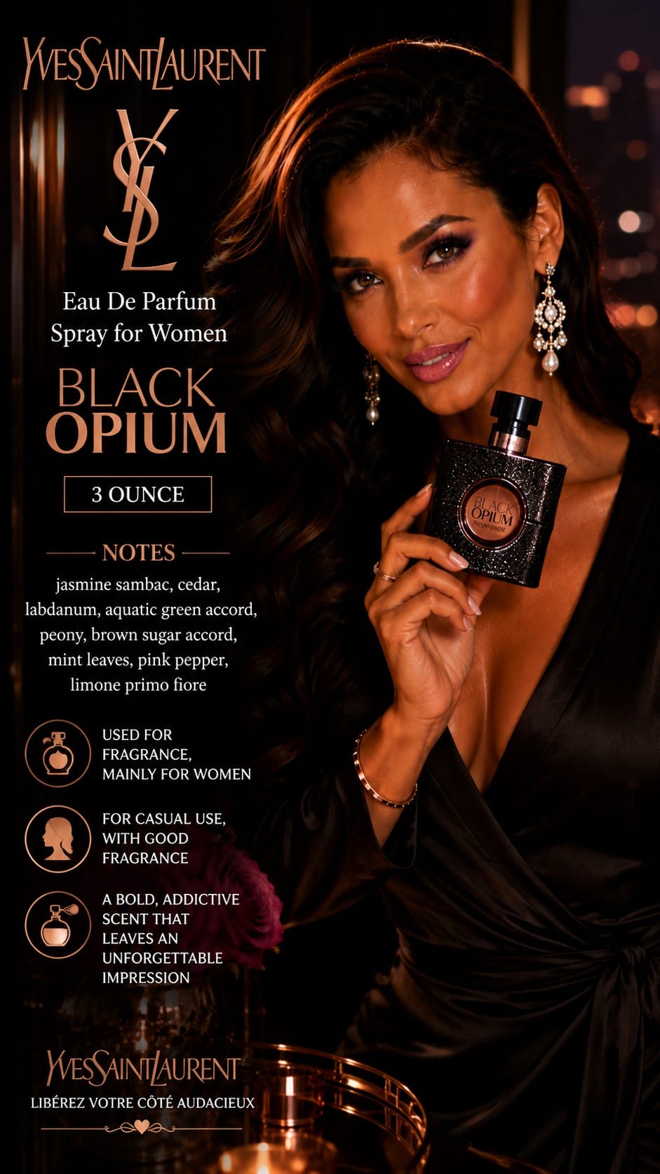 Yves Saint Laurent Black Opium Eau de Parfum, 3 oz YSL Black Opium eau de parfum for women in its sparkling black bottle on a vanity