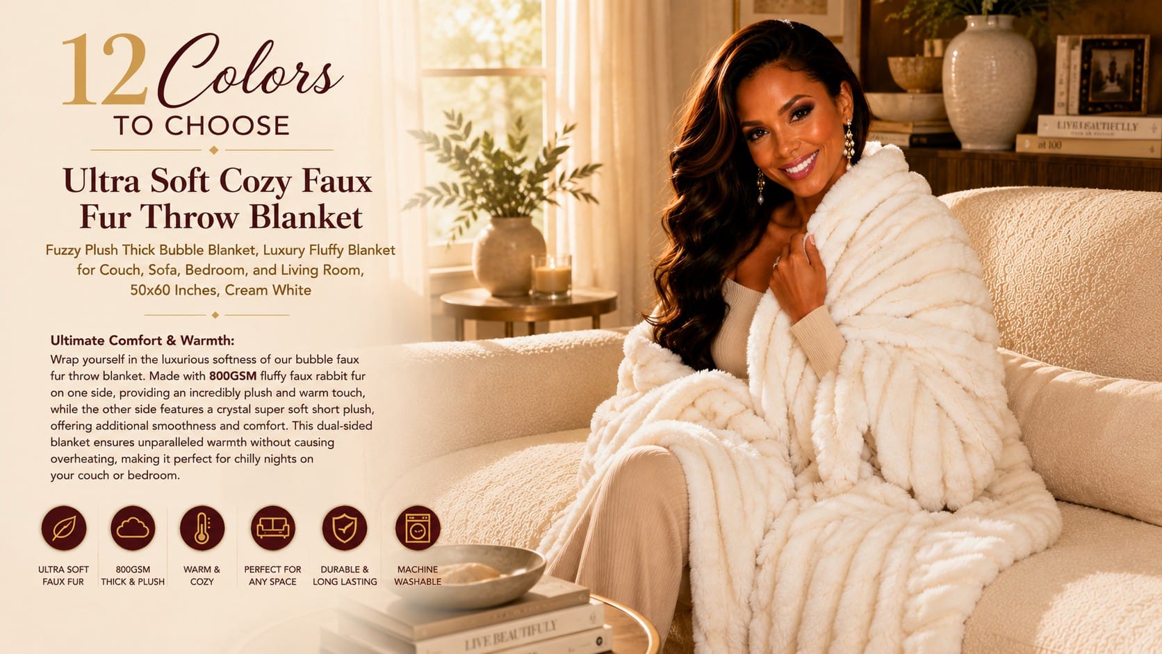The blunique Bubble Faux Fur Throw: The Cloud-Soft Statement Blanket blunique cream bubble faux fur throw blanket draped on a glam couch — blunique bubble faux fur throw