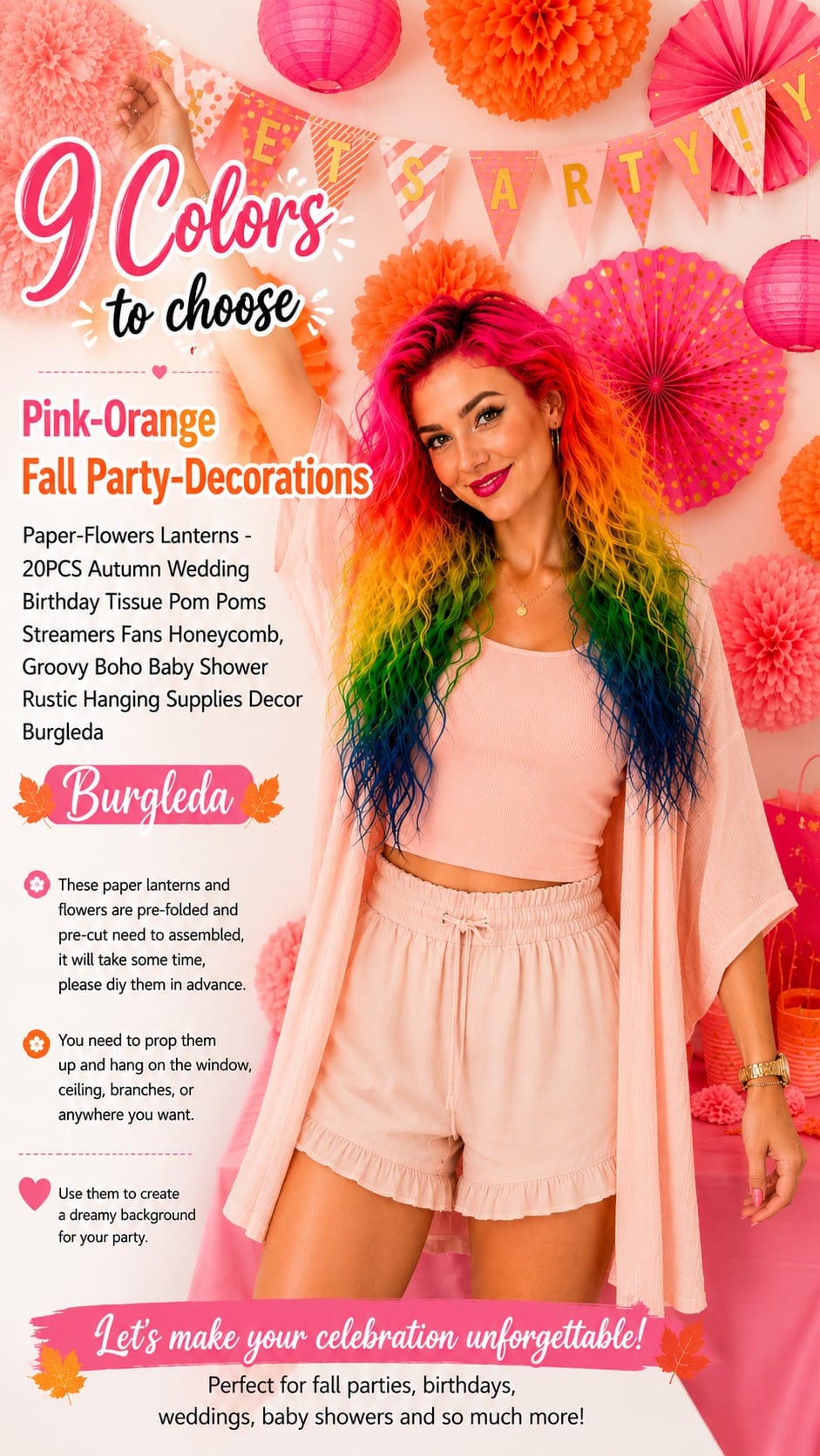 Burgleda Pink and Orange Fall Party Decorations, 20-Piece Set Burgleda pink and orange fall party decorations with paper flowers, lanterns, fans, and honeycomb balls as a backdrop