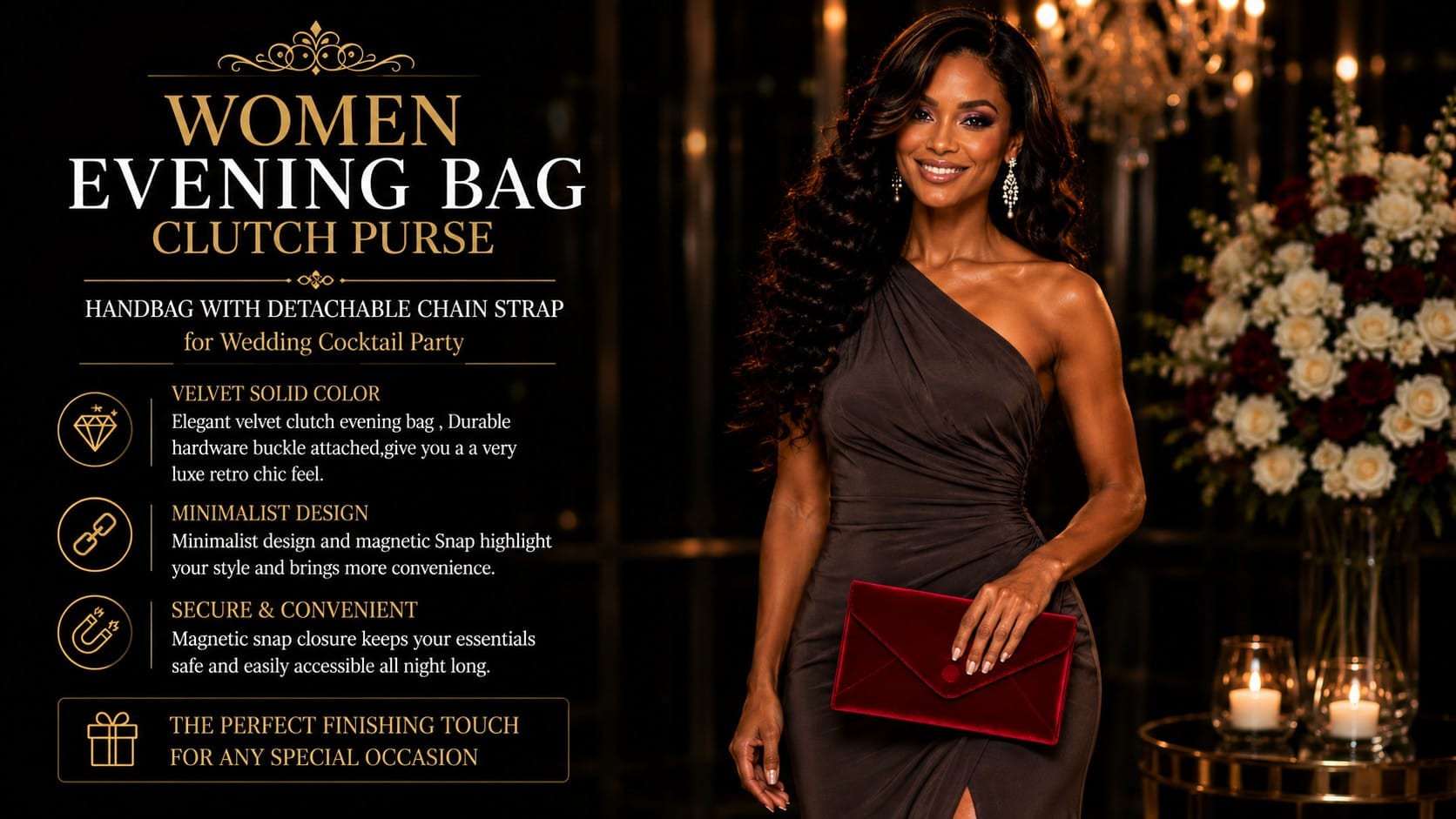 iSbaby velvet evening clutch purse in burgundy with a detachable gold chain strap for evening wear