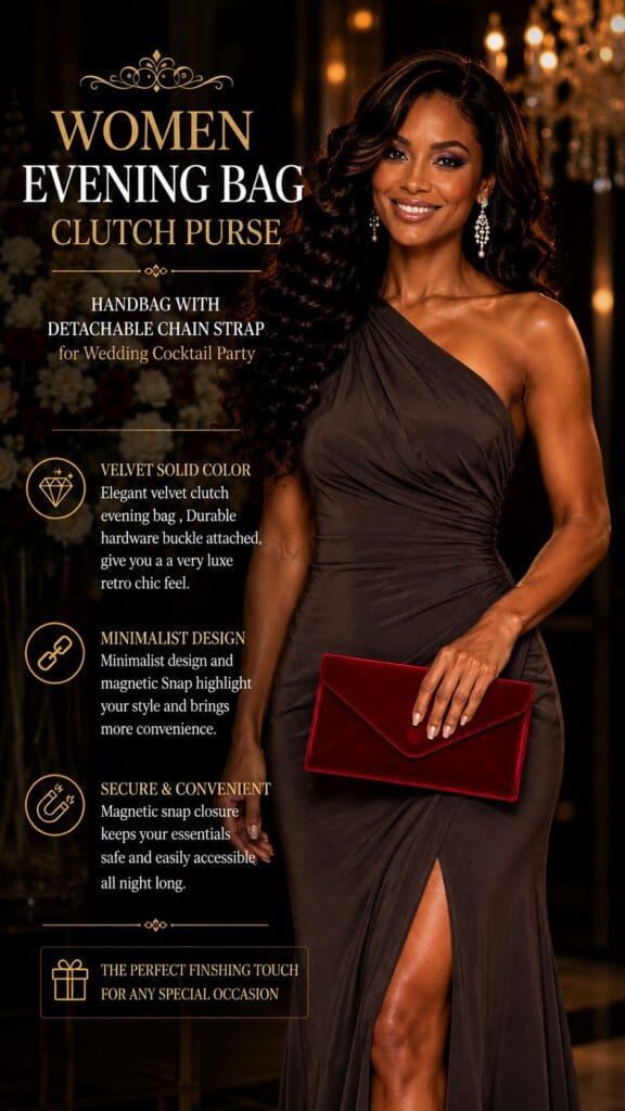 Women's velvet solid color evening clutch purse with a detachable gold chain strap for formal occasions