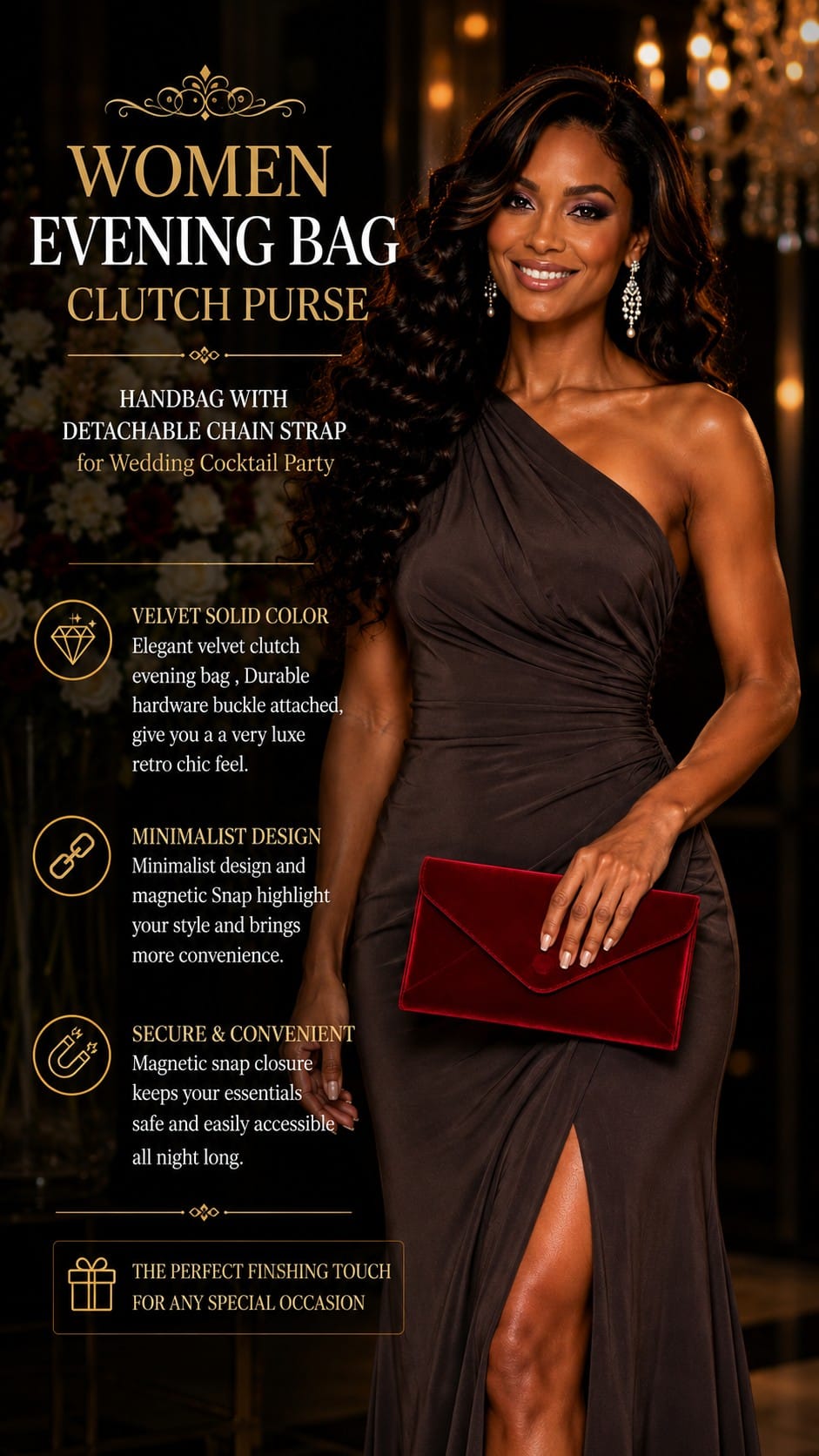 Women's Velvet Evening Clutch Purse with Detachable Chain Women's velvet solid color evening clutch purse with a detachable gold chain strap for formal occasions