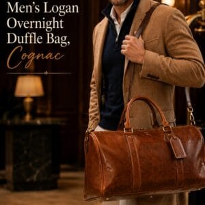 Frye Logan overnight duffle bag in cognac hand-burnished leather with antique brass hardware and a removable shoulder strap