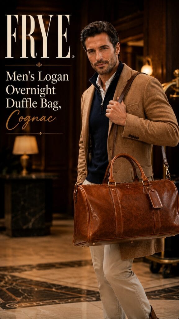 The Frye Logan Duffle: The Weekend Bag You Hand to Your Son One Day Frye Logan overnight duffle bag in cognac hand-burnished leather with antique brass hardware and a removable shoulder strap