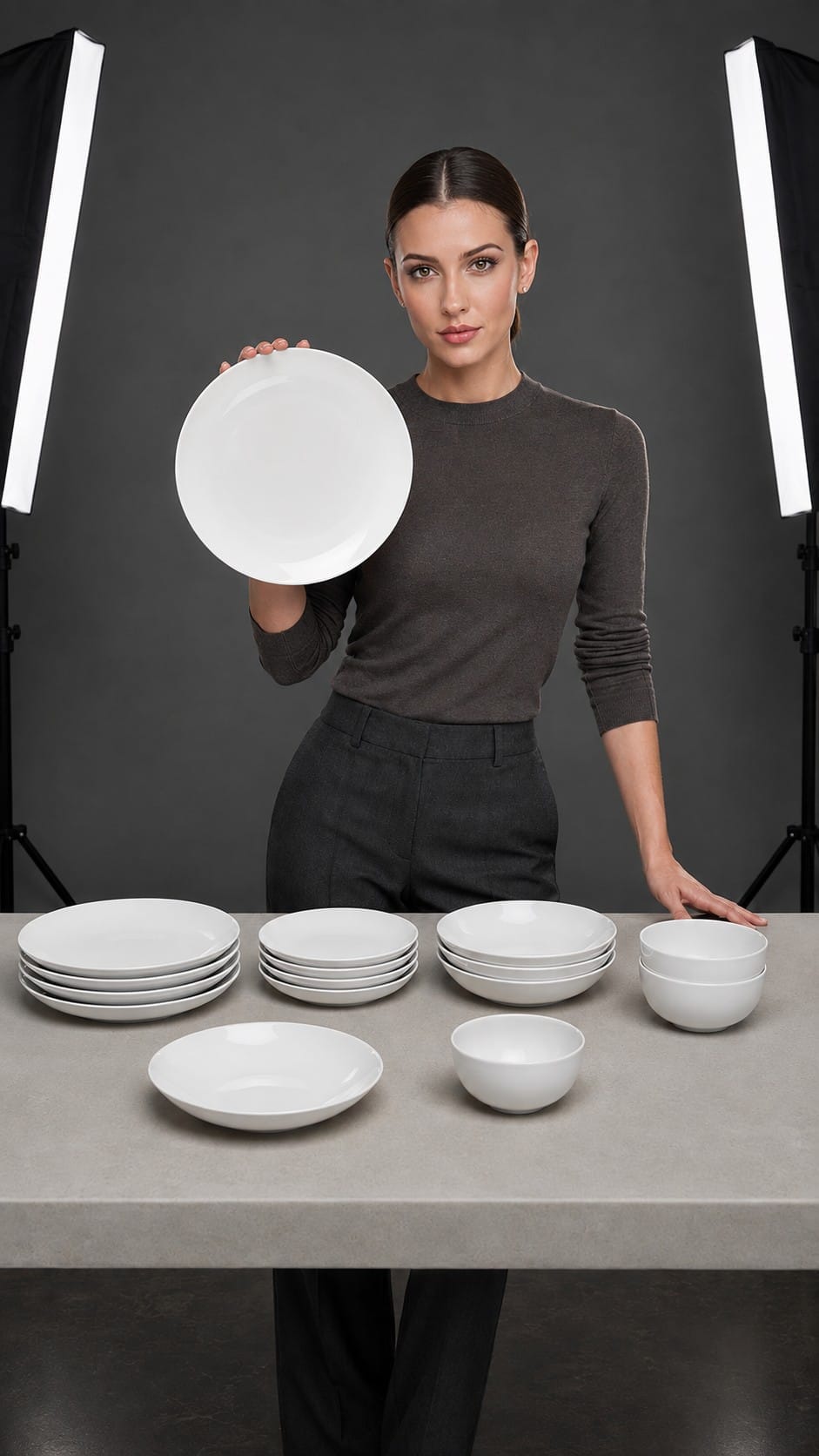Nikki presenting a white porcelain dinnerware set
