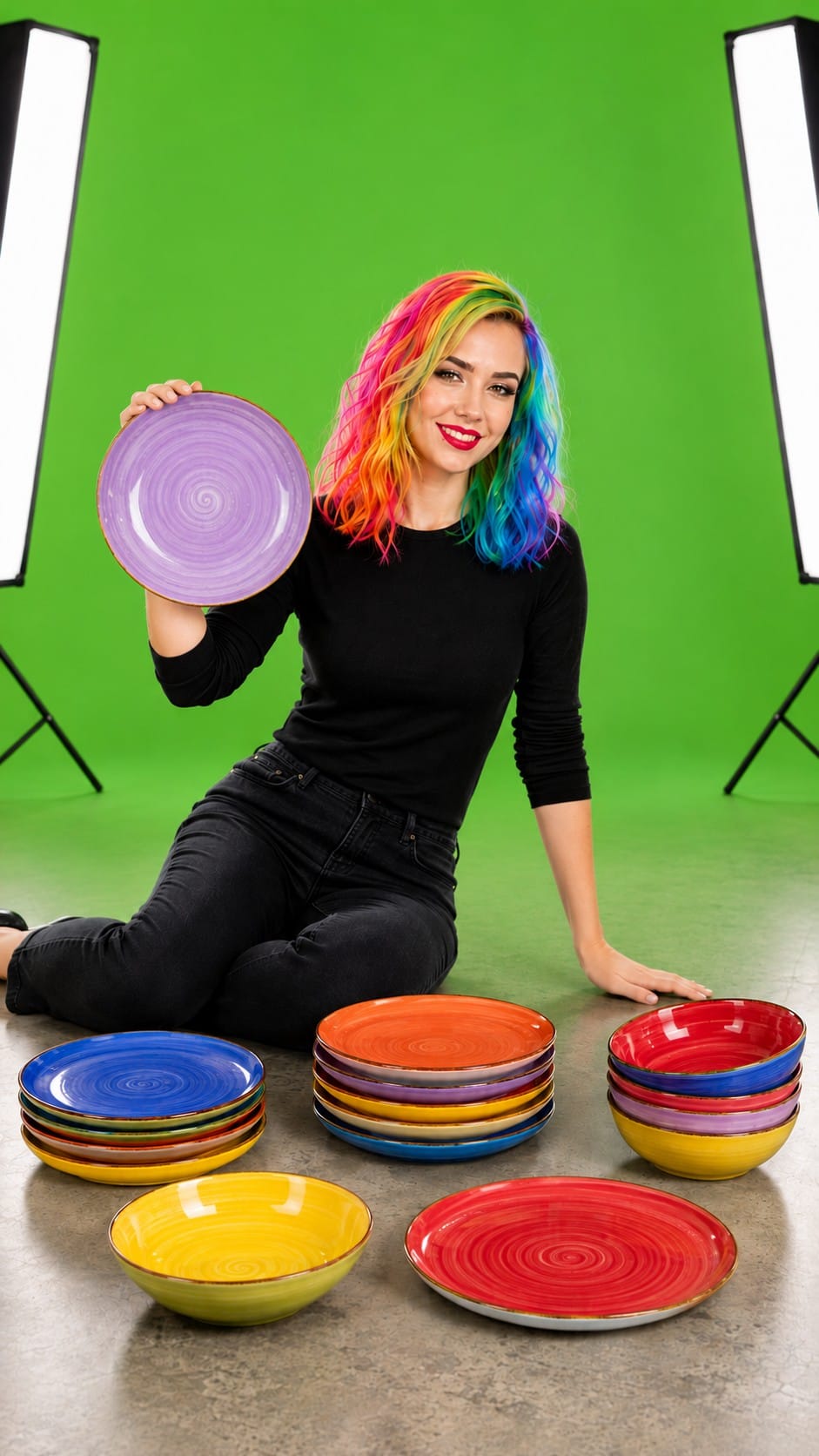 Vicky presenting colorful mismatched plates