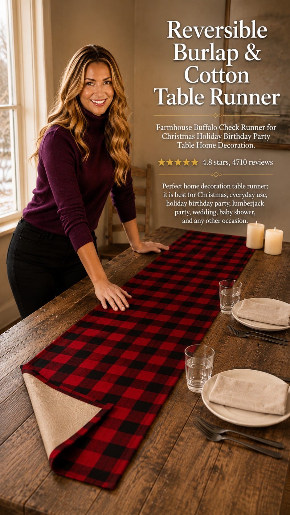 Buffalo plaid reversible table runner
